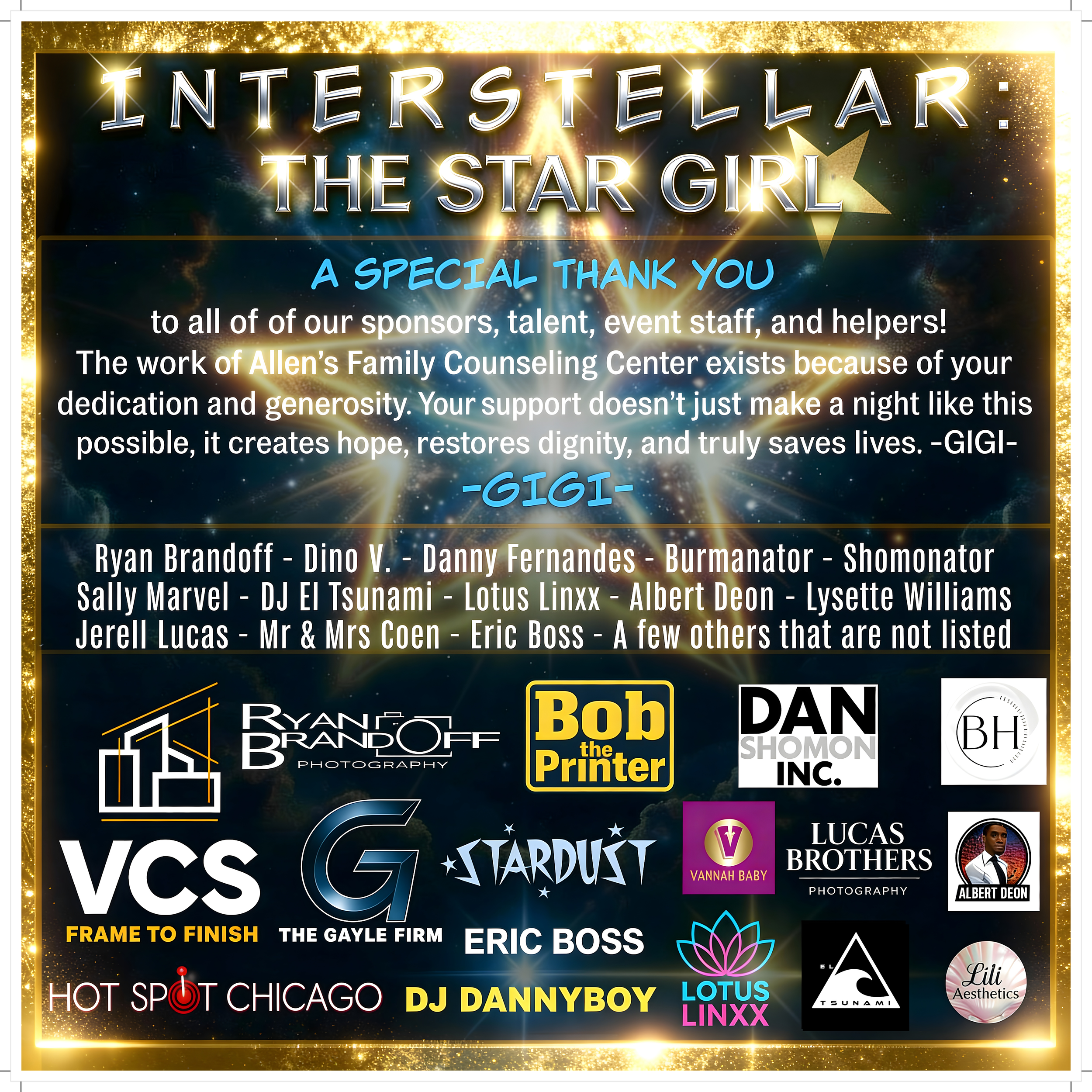 Event poster for Interstellar: The Star Girl, featuring a cosmic space background with a star in the center. It thanks sponsors, staff, and helpers, including Allen's Family Counseling Center. Multiple sponsor logos and names, such as Ryan Brandoff Photography, Bob the Printer, Dan Shomon Inc., and others, are displayed at the bottom.