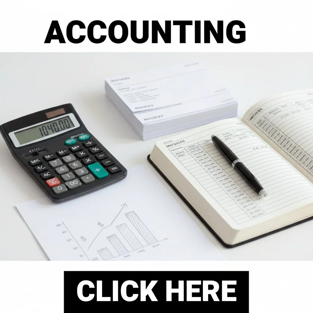 An desk with a calculator displaying 104000, a stack of invoices, an open accounting ledger with a pen, and a printed bar graph with upward trends, illustrating accounting or financial work.