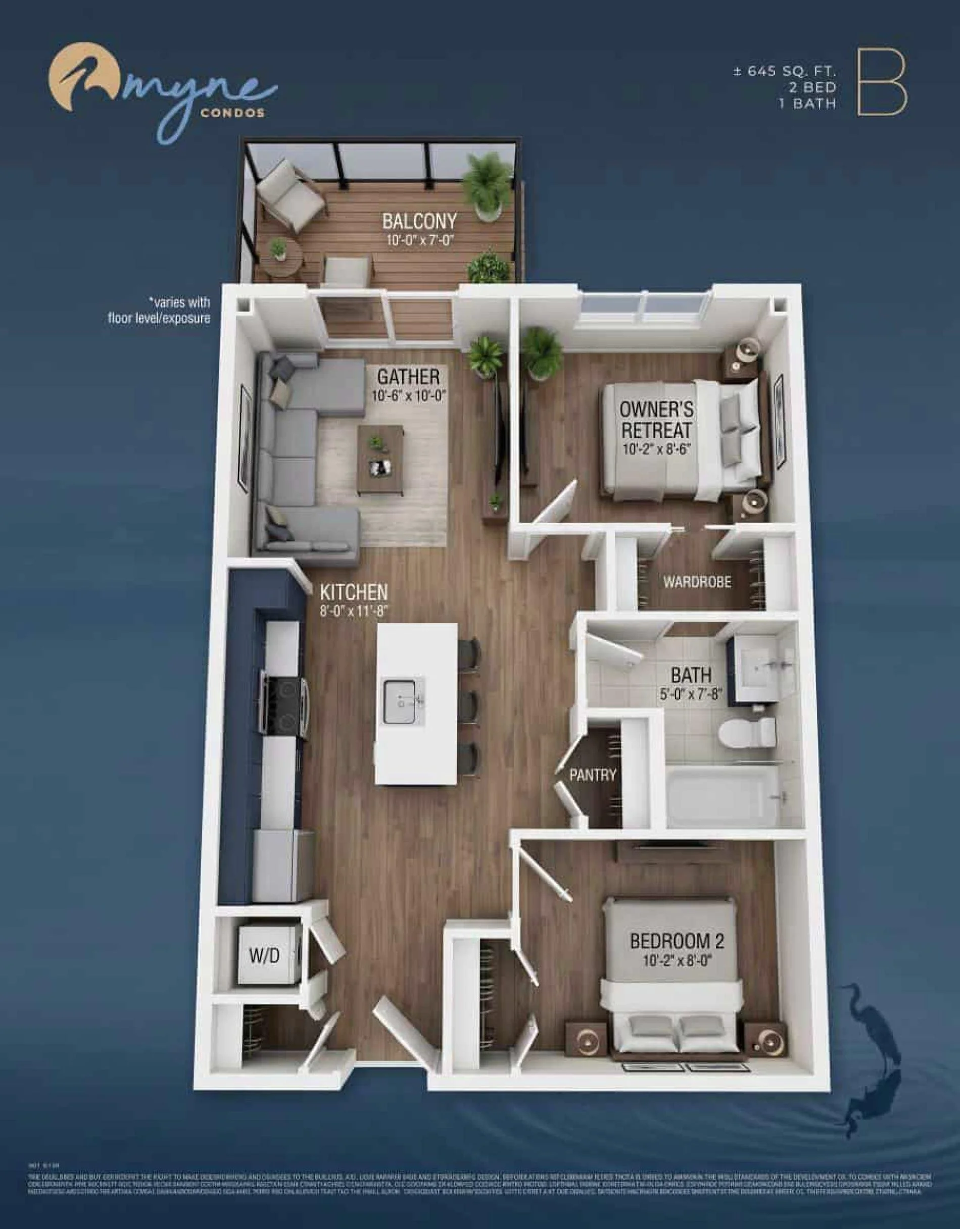 Myne Condos - Model B (2 Bed / 1 Bath) - 3D Rendering