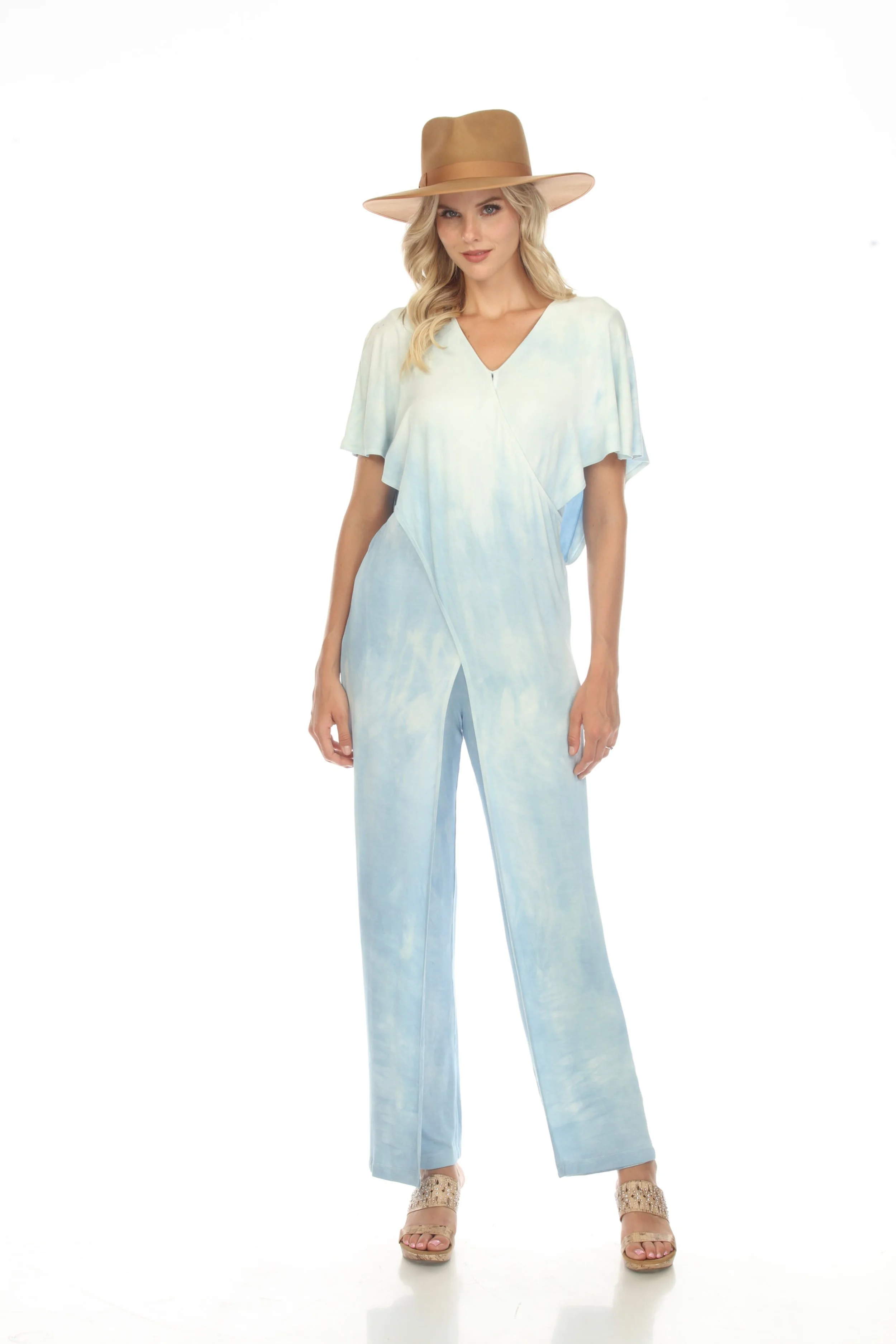 J8000 SUNNY slenderizing jumpsuit, 95% bamboo, 5% spandex, cloud tie dyed ombre with indigo plant (sustainable)
