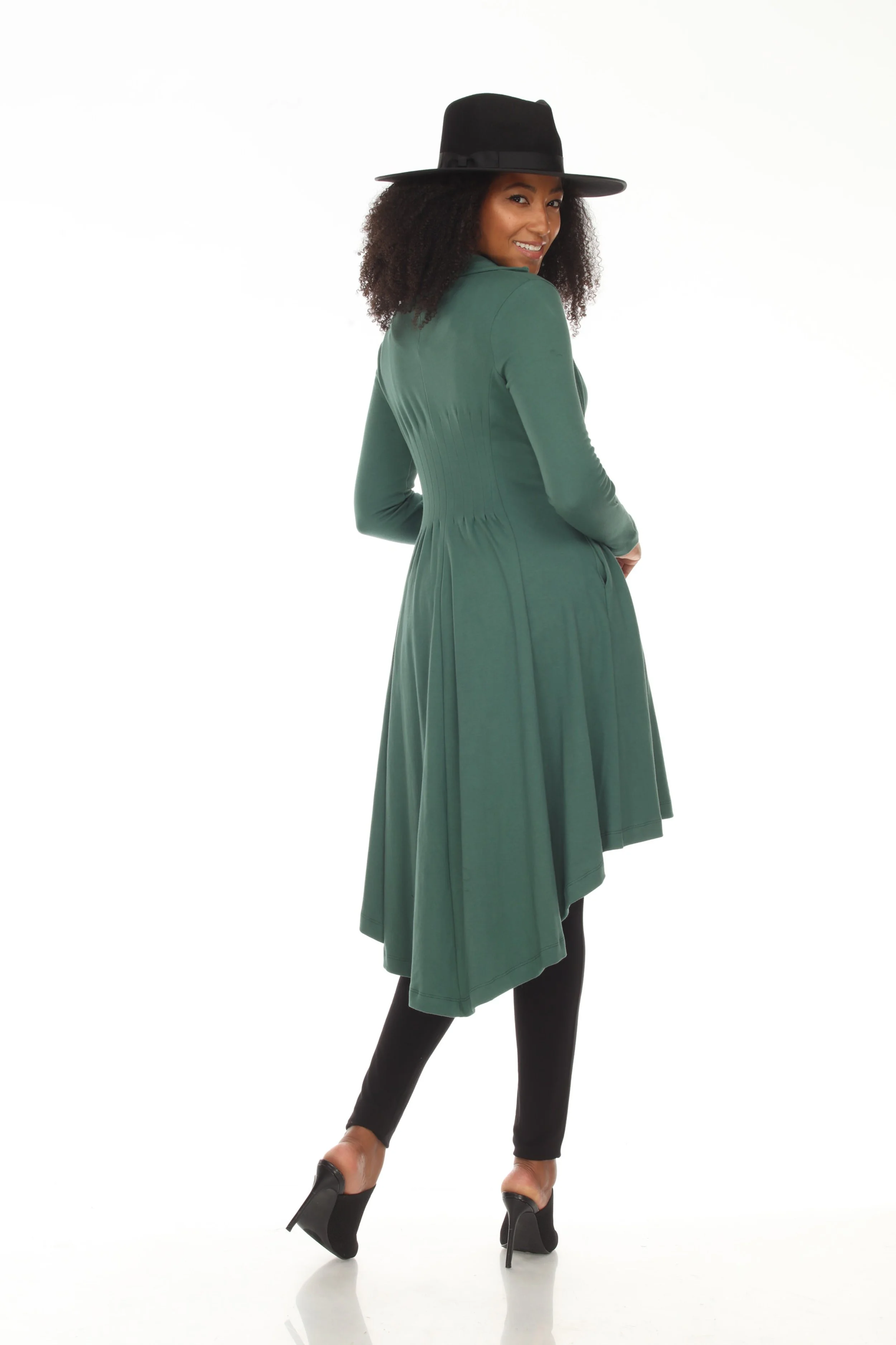 L4016-22CK VICTORIA knit duster, forest green, 100% cotton thick jersey (straight tie close front) with YOLANDA yoga inspired leggings, 100% cotton thick knit (sustainable to compostable if dyed with plants)
