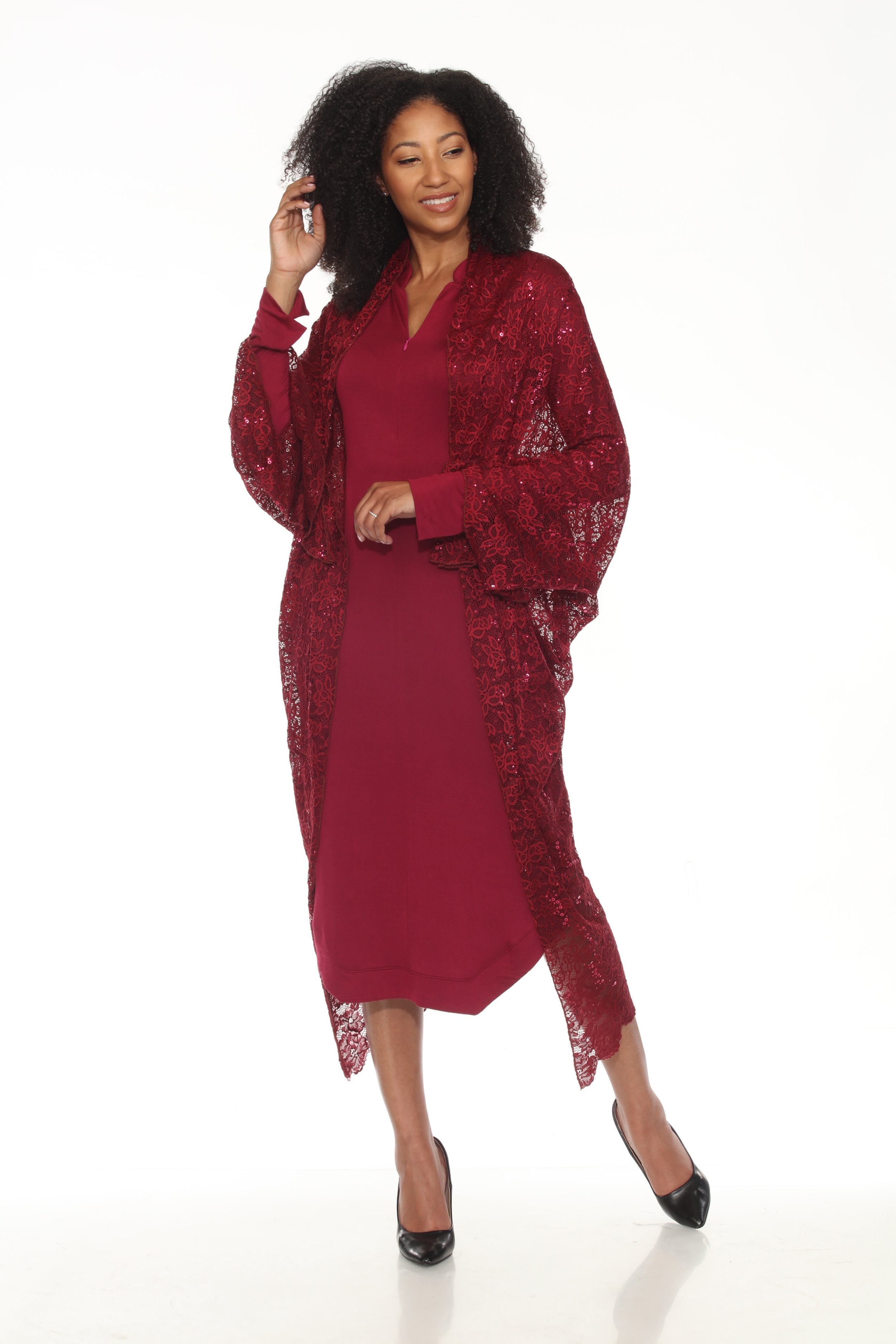 D5006-1 MANDY mandarin collar 95% bamboo rayon, 5% spandex, 2-ply zippered hexagon hem dress (sustainable) with SASHA sequin wrap