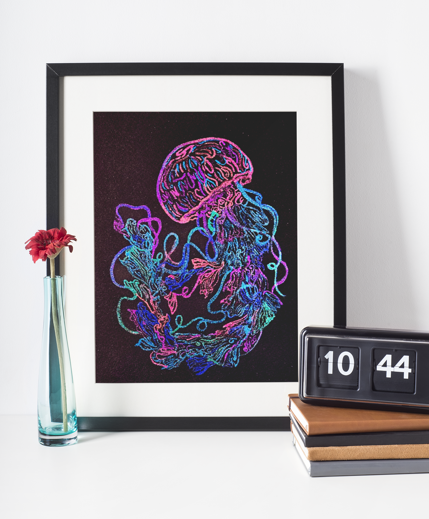 Jellyfish Original Watercolor Painting - Multichrome Line Art - 8x10" Framed