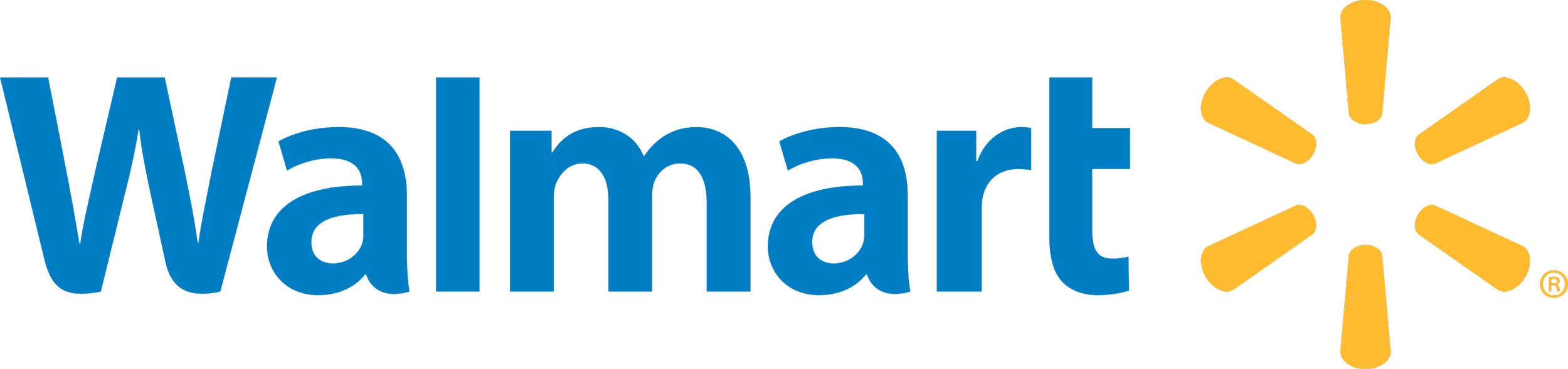 Walmart logo with blue text and yellow spark symbol.