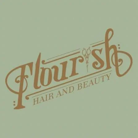 Logo for Flourish Hair and Beauty with stylized text and a pair of scissors in the design.