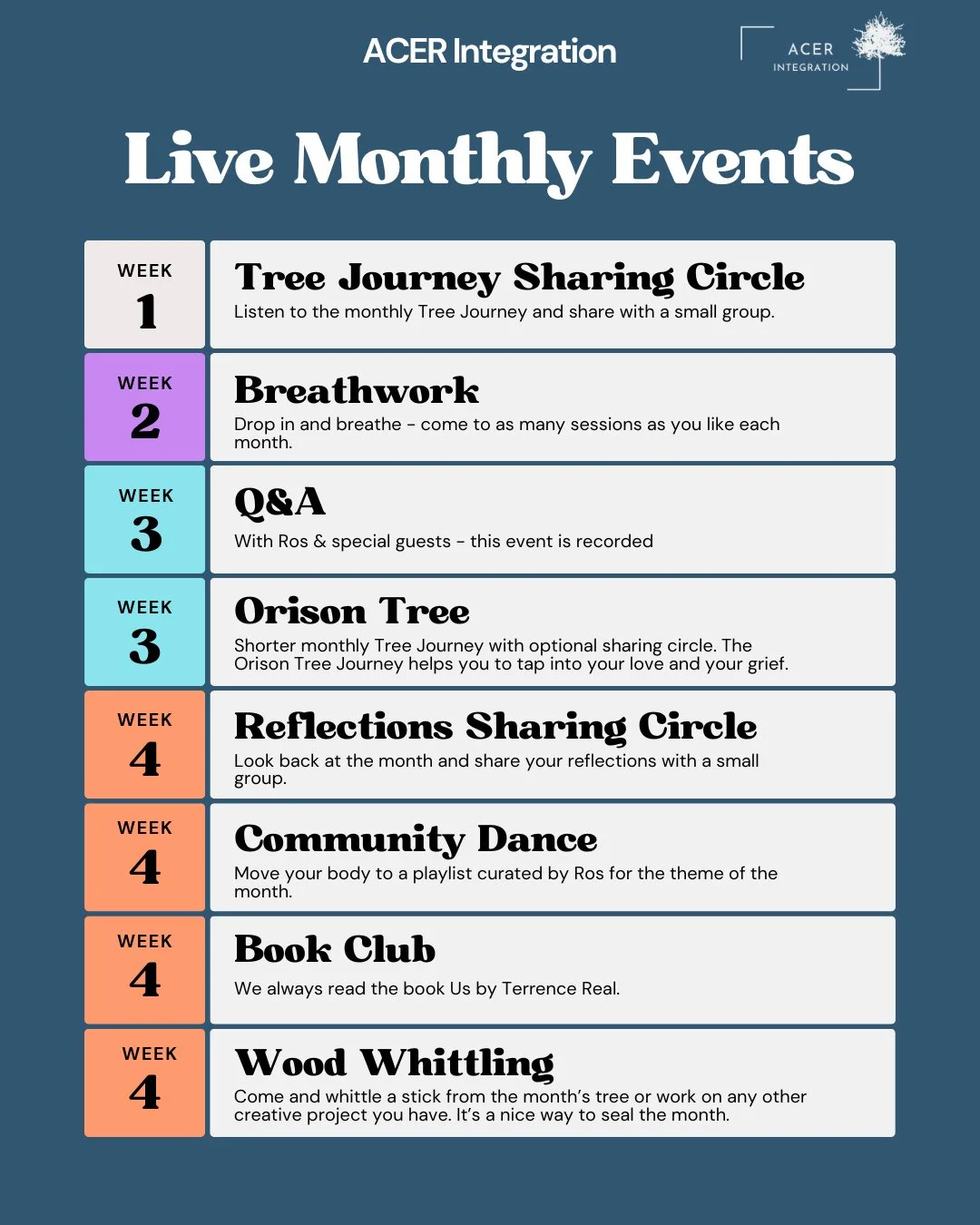 Check out the monthly live events we hold within ACER Integration. ⁠
.⁠
Join ACER Integration where every week of the month we gather live in community. We are guided by the wisdom of the Twelve Trees Framework, which was created by @drrosalindwatts.