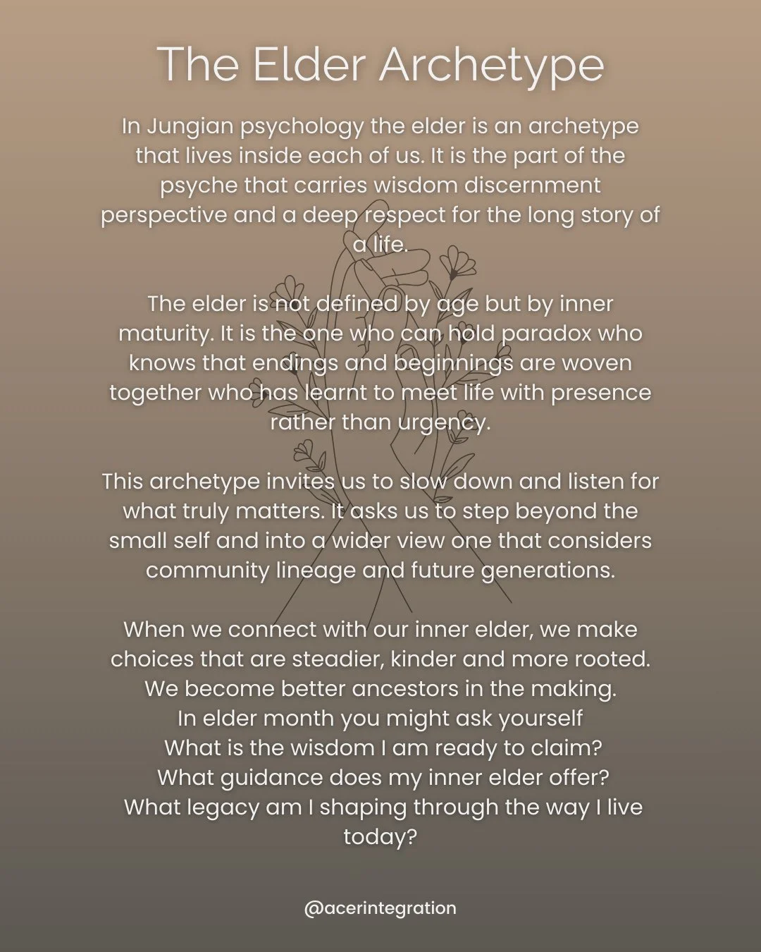 The elder archetype isn&rsquo;t about age it&rsquo;s about perspective. In Jungian psychology, the elder is the inner voice that carries wisdom steadiness and a long view of life.⁠
.⁠
In elder month we&rsquo;re invited to listen more closely to this 