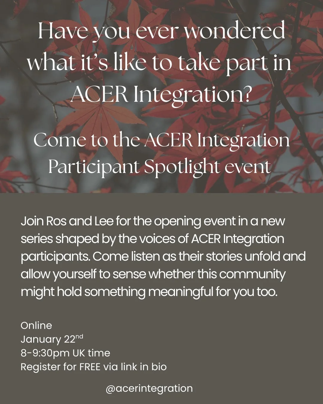 Join us for our ACER Integration Participant Spotlight, where current members of the community will share reflections on their learning journey and how the process is influencing their personal, relational, and professional growth.⁠
.⁠
This live conv
