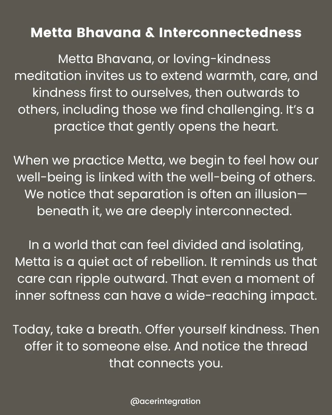 This month in ACER Integration we&rsquo;re exploring the Douglas fir and the theme of interconnectedness through the Buddhist meditation practice of Metta Bhavana, the cultivation of loving kindness. ⁠
.⁠
Douglas firs do not thrive in isolation. Bene
