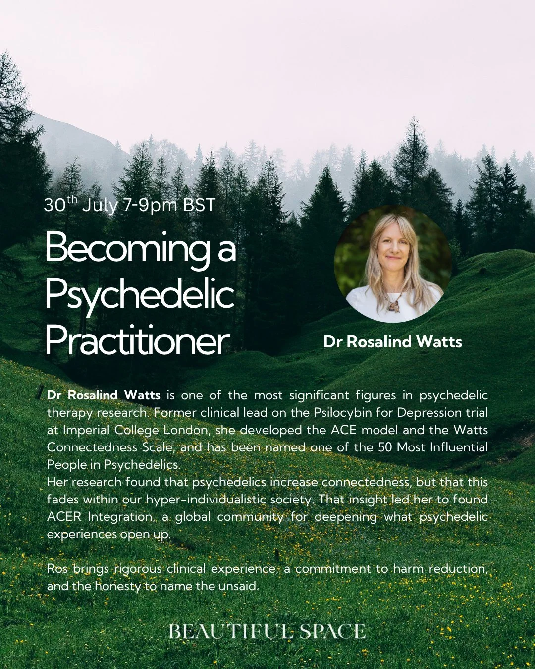 Join @acerintegration founder @drrosalindwatts for this upcoming event hosted by Beautiful Space on Friday, July 30th from 7-9pm UK time. ⁠
⁠
Use code WATTS10 for 10% off.⁠
⁠
https://www.eventbrite.co.uk/e/becoming-a-psychedelic-practitioner-registra