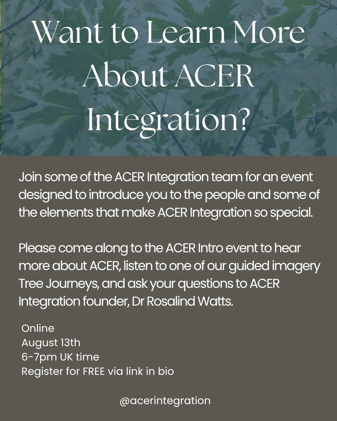 Curious about ACER Integration?
.
Join members of the ACER Integration team for a special introductory event designed to help you experience what makes our community so unique.
.
You'll hear more about the vision behind ACER Integration, experience o