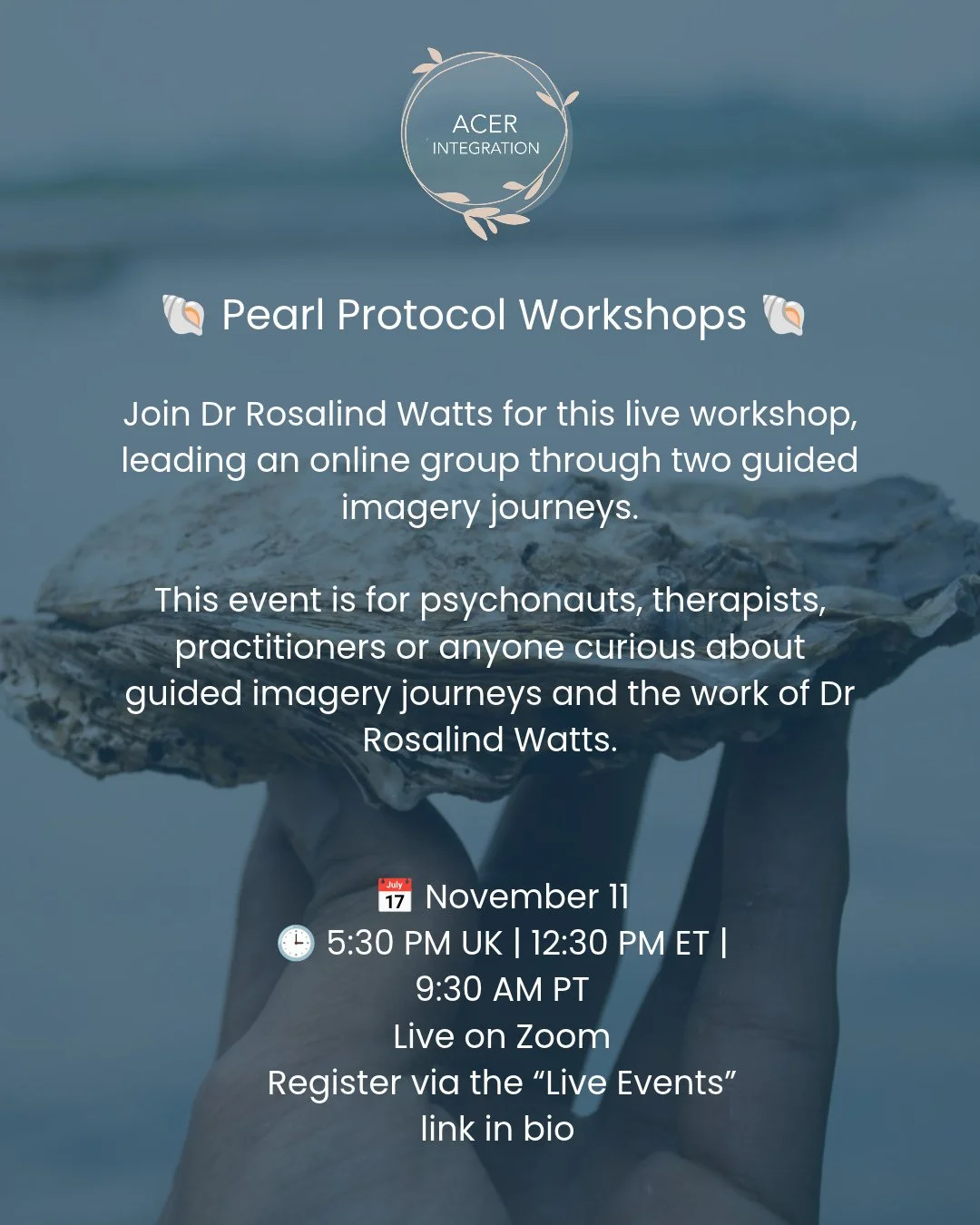Join Dr Rosalind Watts for a Pearl Protocol workshop.⁠
.⁠
An invitation to explore the Pearl Protocol, a gentle, nature-connected approach to psychedelic preparation.⁠
.⁠
Together, we&rsquo;ll explore how we can meet difficult moments with curiosity 