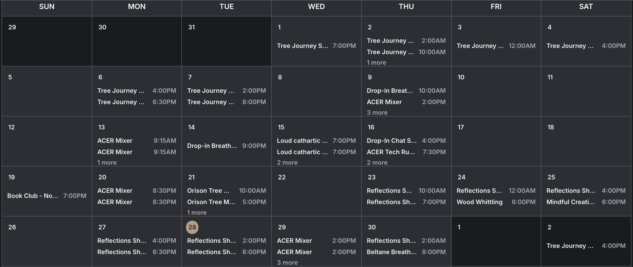 Sample ACER Events Calendar