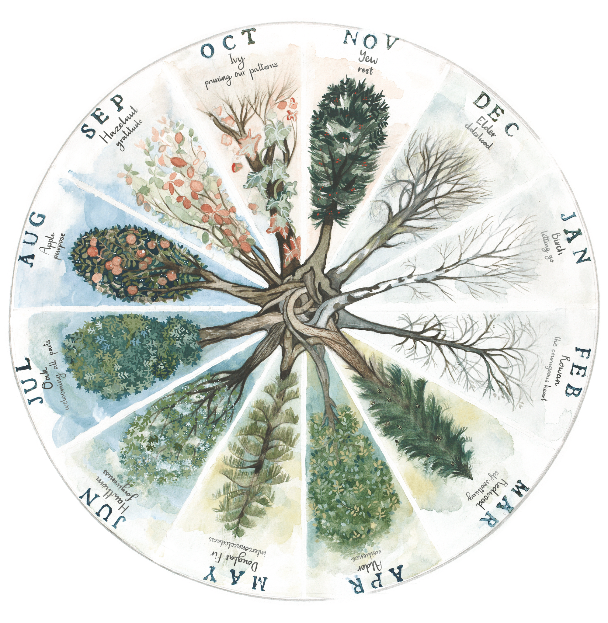 An illustration of the ACER Integration Tree Calendar. ACER participants work with this calendar within ACER Integration as they integrate psychedelic experiences.