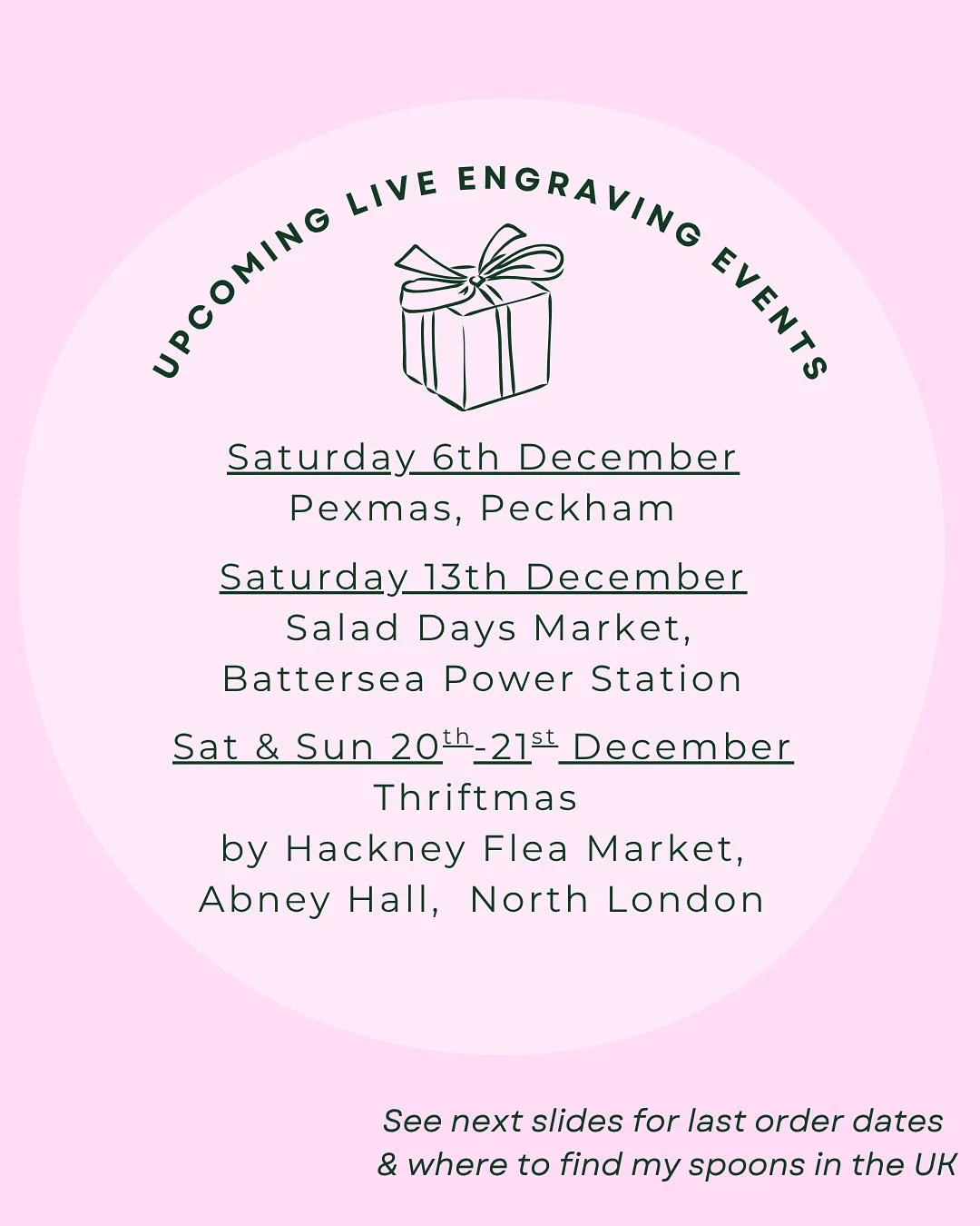 💝✨It&rsquo;s the most wonderful time of of the year ✨💝

Come watch me engrave your next piece by hand &amp; live in front of your very own eyes ✍️✨🥄
And please feel free to let me know if you&rsquo;re coming to visit / if there&rsquo;s anything yo