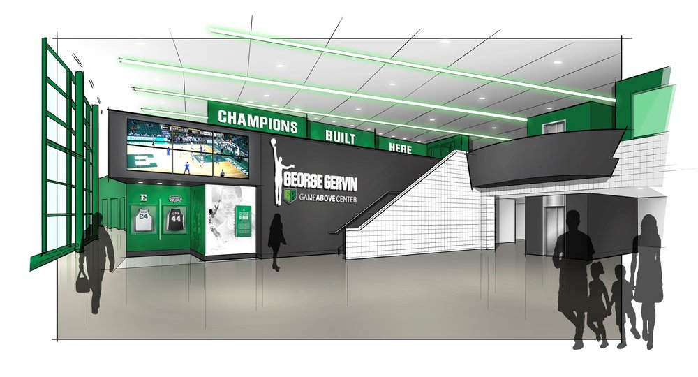  Rendering of inside the renamed EMU Convocation Center with the new name George Gervin GameAbove Center 