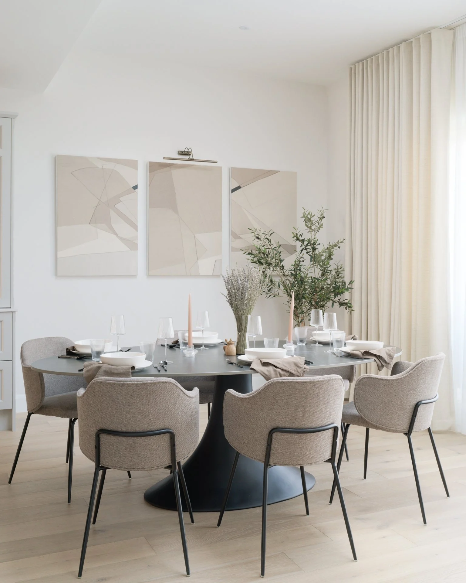 open plan dining area with greine tones
