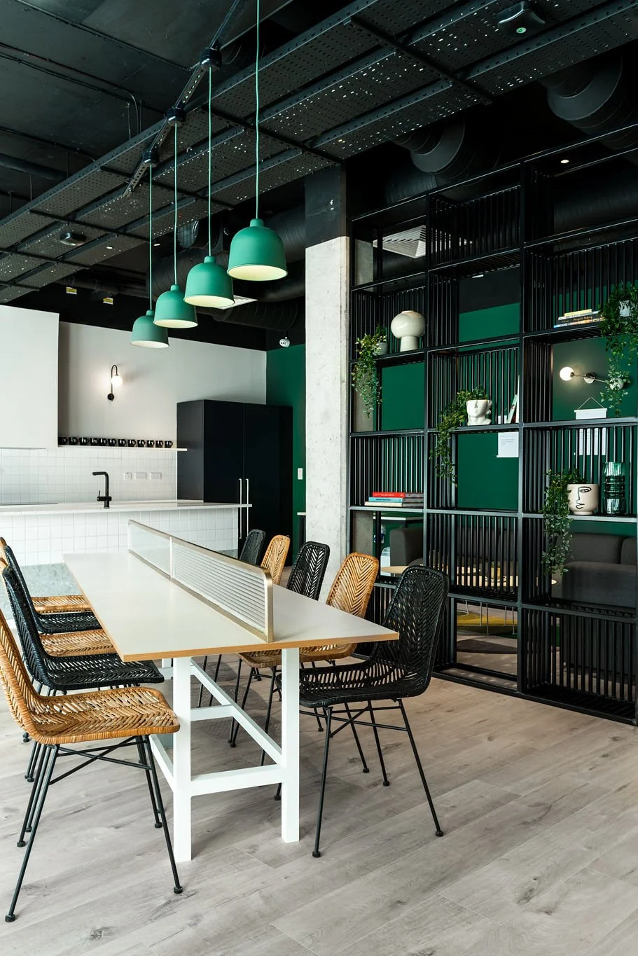 green and white contemporary open plan living kitchen space