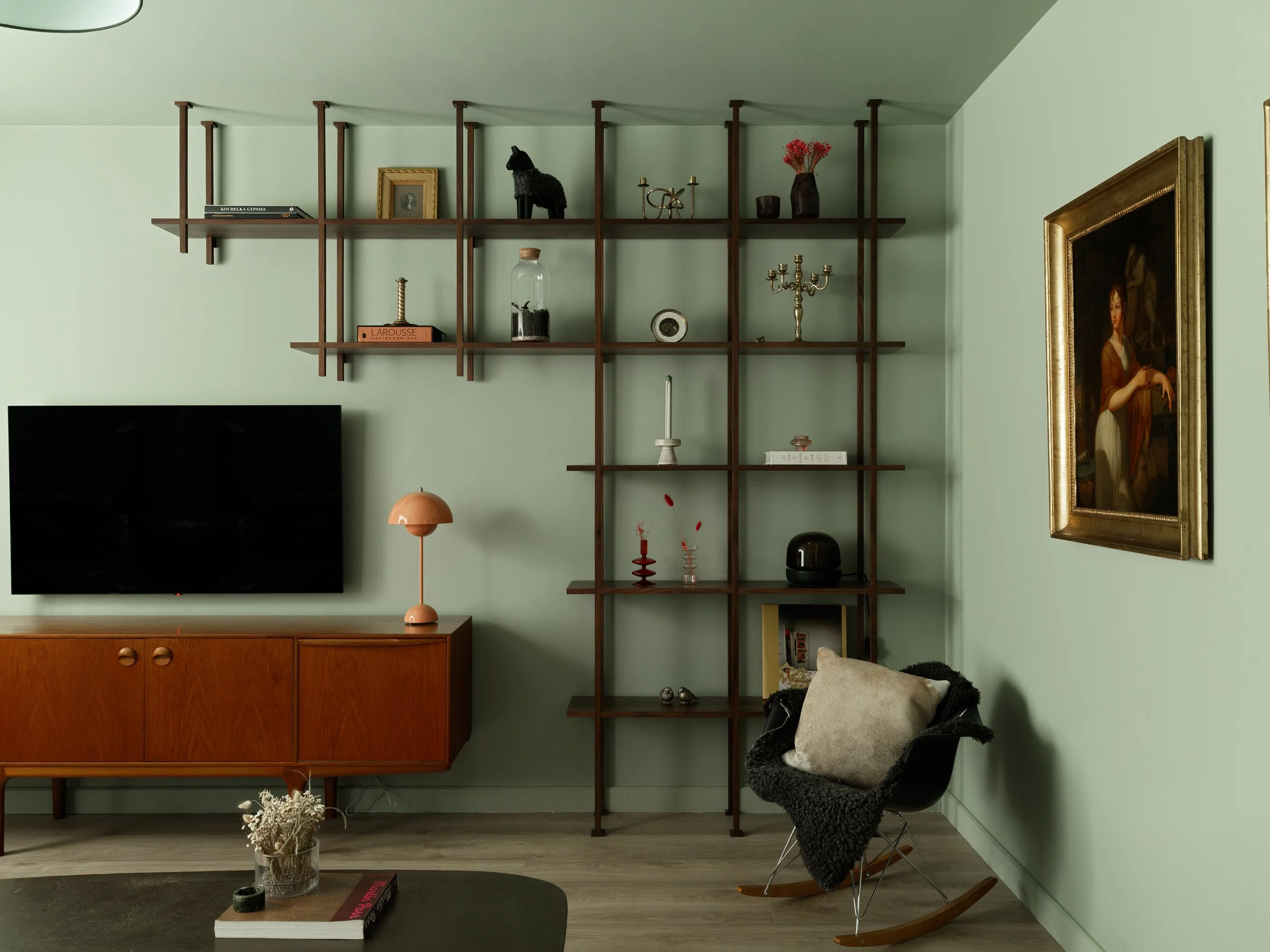 checkered joinery in living room with traditional media cabinet 
