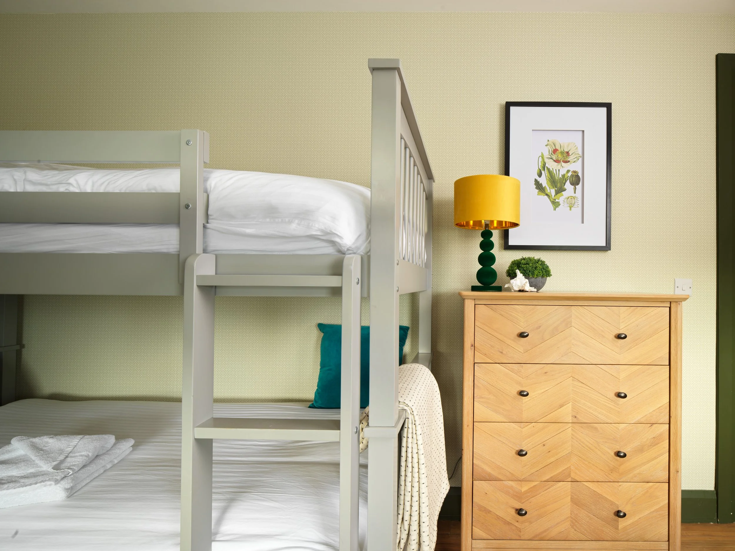 bunk beds with oak tall dresser