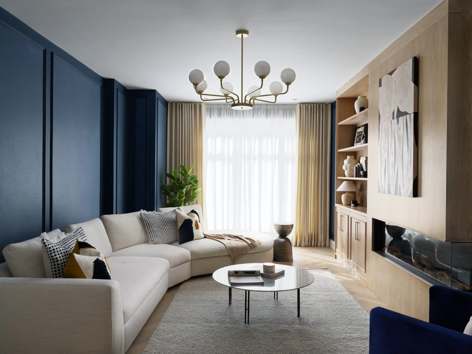 navy and oak themed interior design