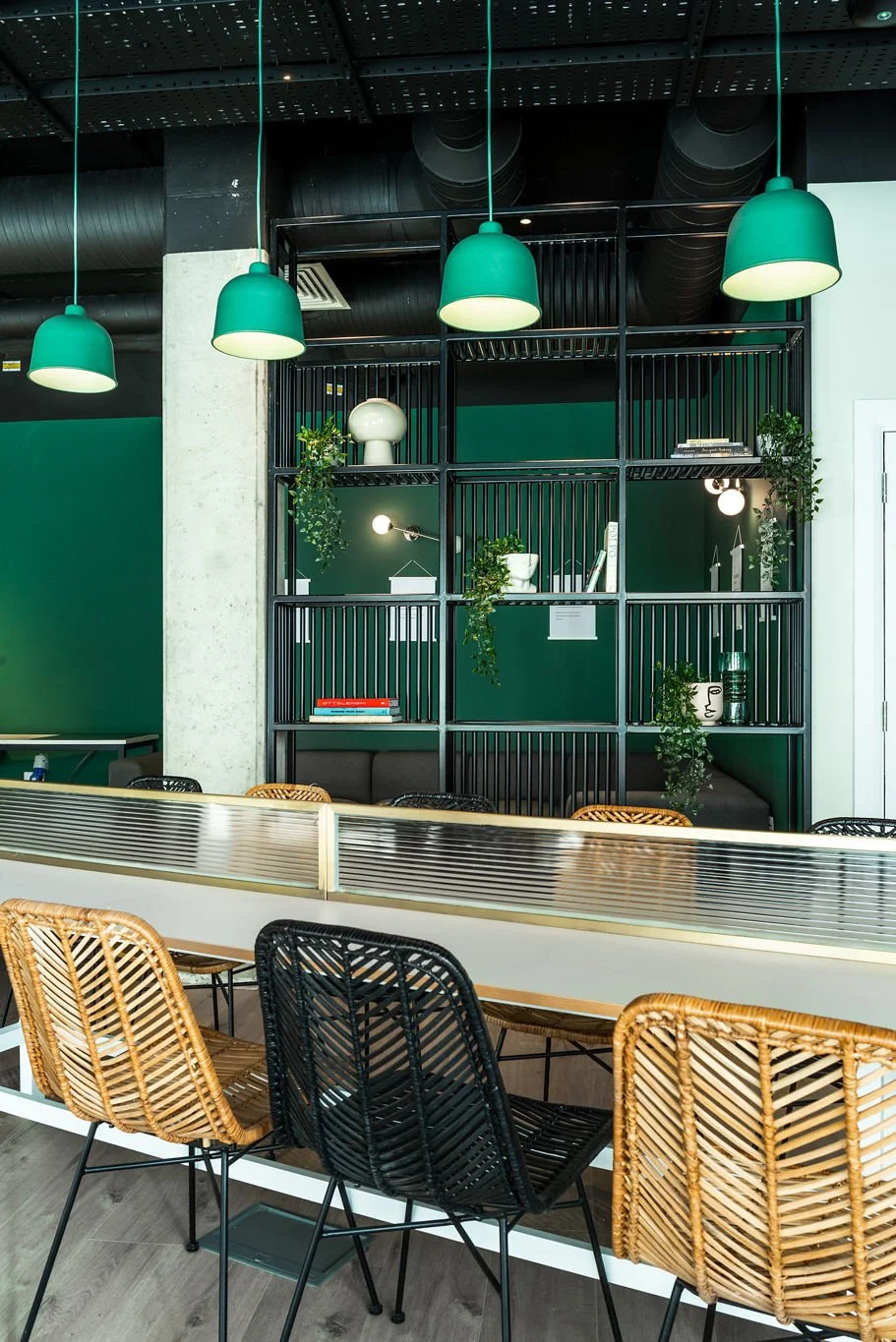green and white contemporary open plan living kitchen space