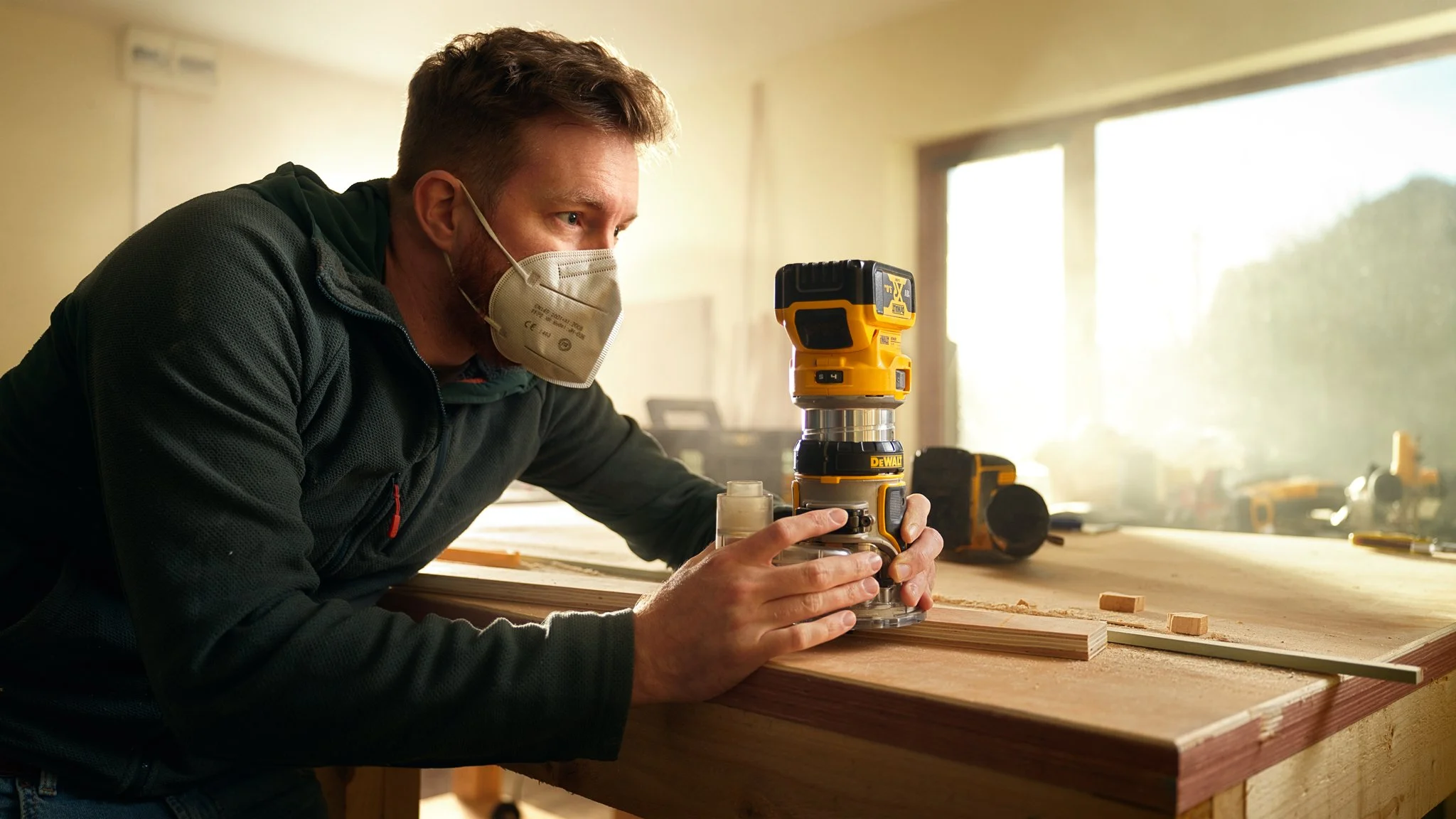 A man wearing a face mask and a black jacket is working on a woodworking project using a yellow cordless drill. He is focused on securing a piece of wood on a workbench inside a workshop.
