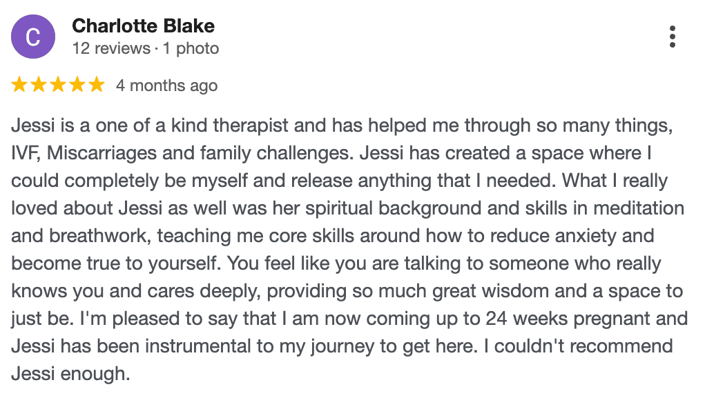 5-star Google review from Charlotte Blake praising Jessi Galvin energy healing and somatic therapy sessions