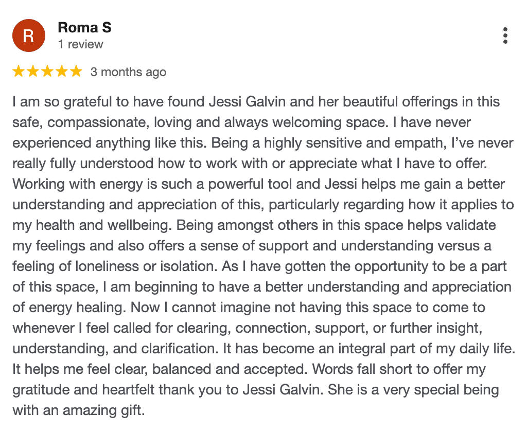 5-star Google review from Roma S praising Jessi Galvin energy healing and somatic therapy sessions