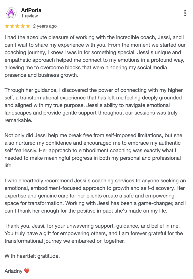 5-star Google review from AriPoría praising Jessi Galvin energy healing and somatic therapy sessions