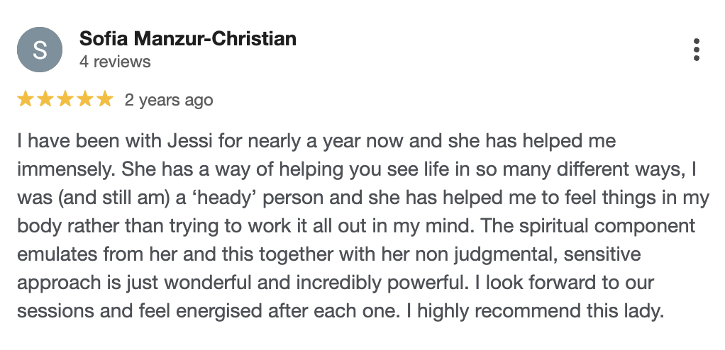 5-star Google review from Sofia Manzur-Christian praising Jessi Galvin energy healing and somatic therapy sessions