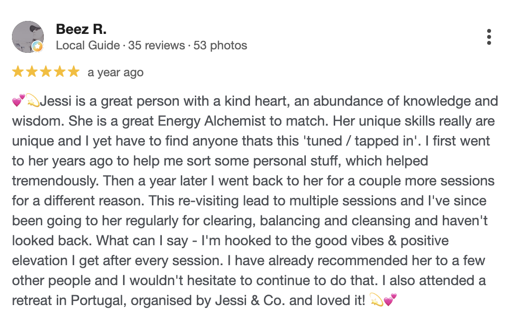 5-star Google review from Beez R praising Jessi Galvin energy healing and somatic therapy sessions