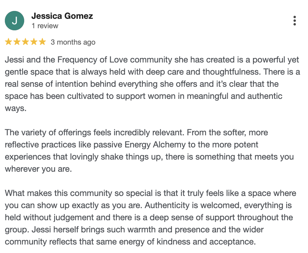 5-star Google review from Jessica Gomez praising Jessi Galvin energy healing and somatic therapy sessions