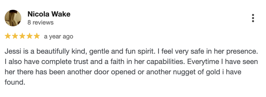 5-star Google review from Nicola Wake praising Jessi Galvin energy healing and somatic therapy sessions