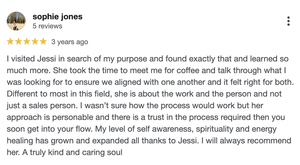 5-star Google review from sophie jones praising Jessi Galvin energy healing and somatic therapy sessions