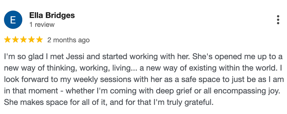 5-star Google review from Ella Bridges praising Jessi Galvin energy healing sessions