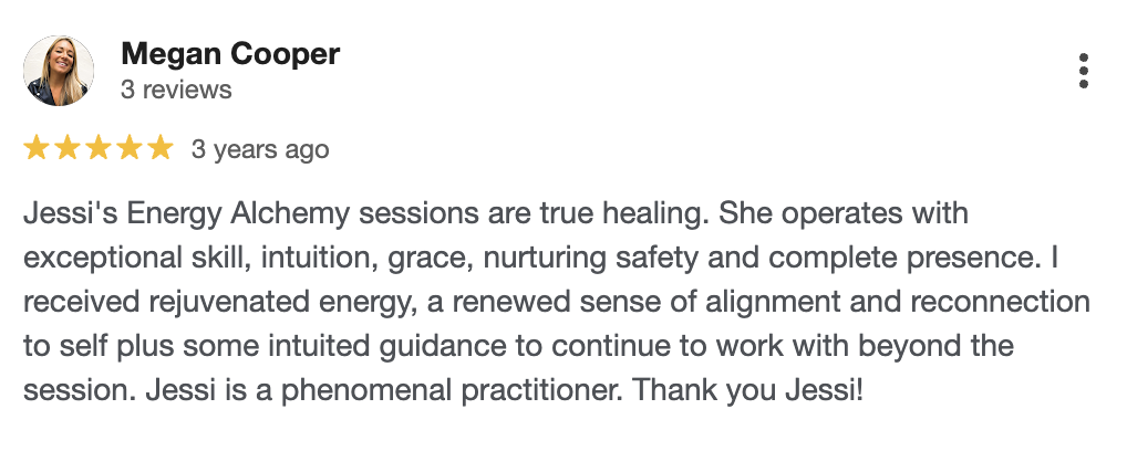 5-star Google review from Megan Cooper praising Jessi Galvin energy healing and somatic therapy sessions