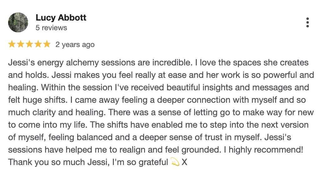 5-star Google review from Lucy Abbott praising Jessi Galvin energy healing and somatic therapy sessions
