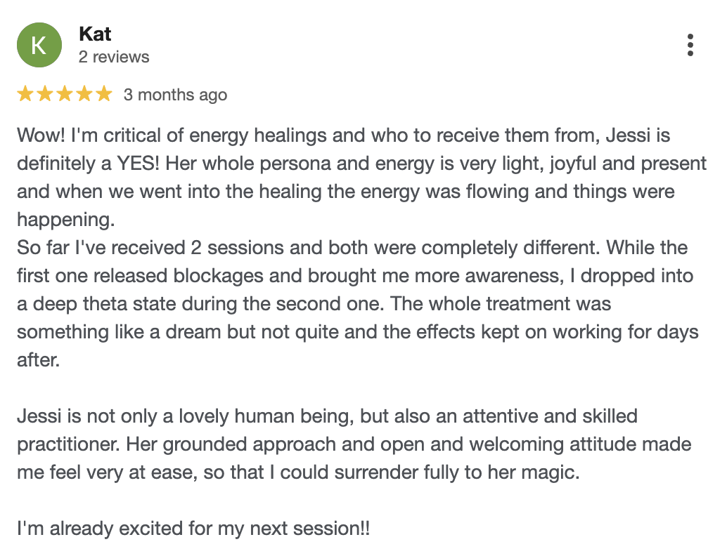 5-star Google review from Kat praising Jessi Galvin energy healing and somatic therapy sessions