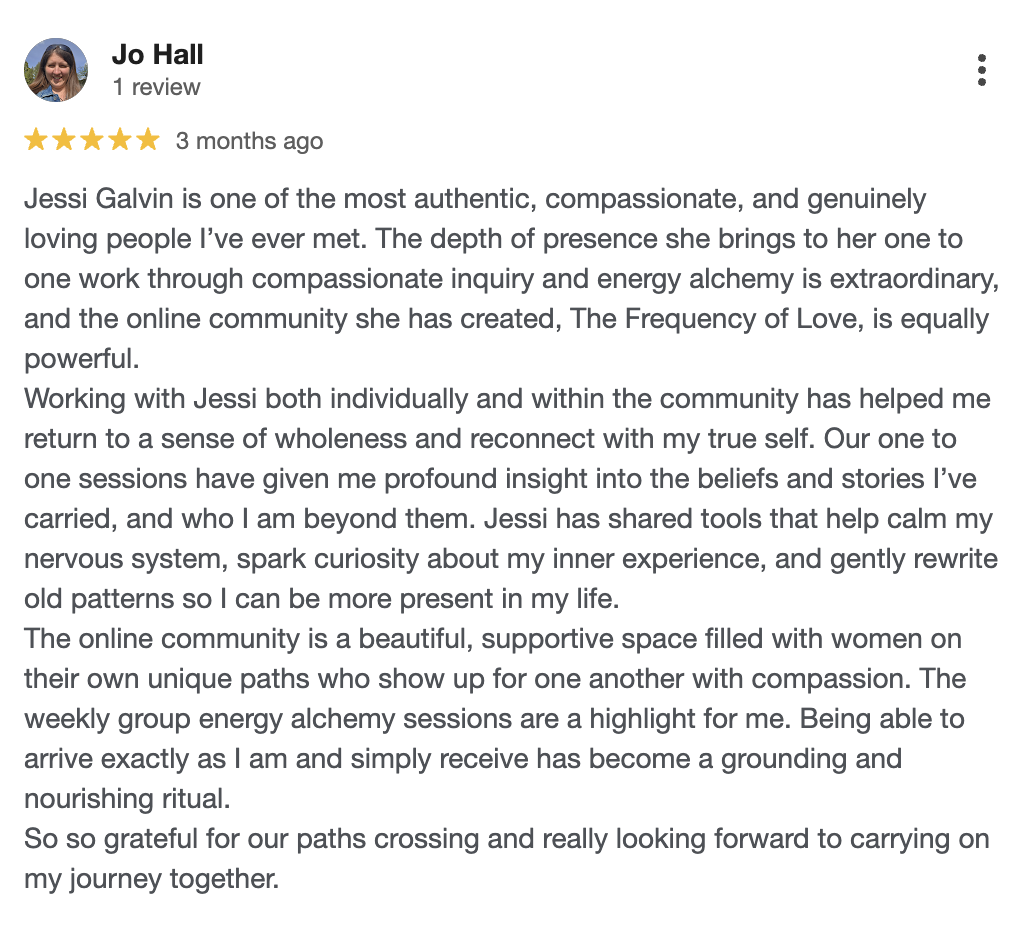 5-star Google review from Jo Hall praising Jessi Galvin energy healing and somatic therapy sessions