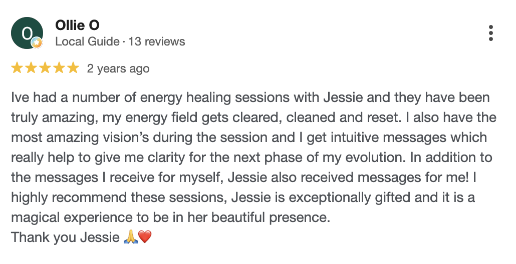 5-star Google review from Ollie O praising Jessi Galvin energy healing and somatic therapy sessions
