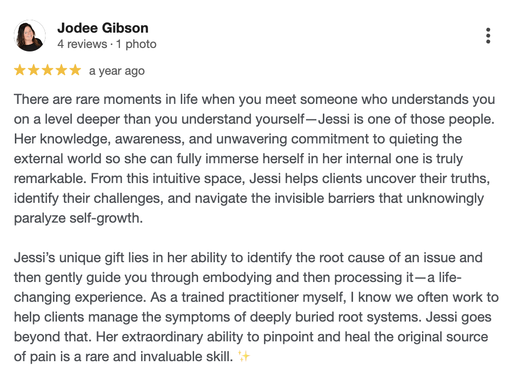5-star Google review from Jodee Gibson praising Jessi Galvin energy healing and somatic therapy sessions