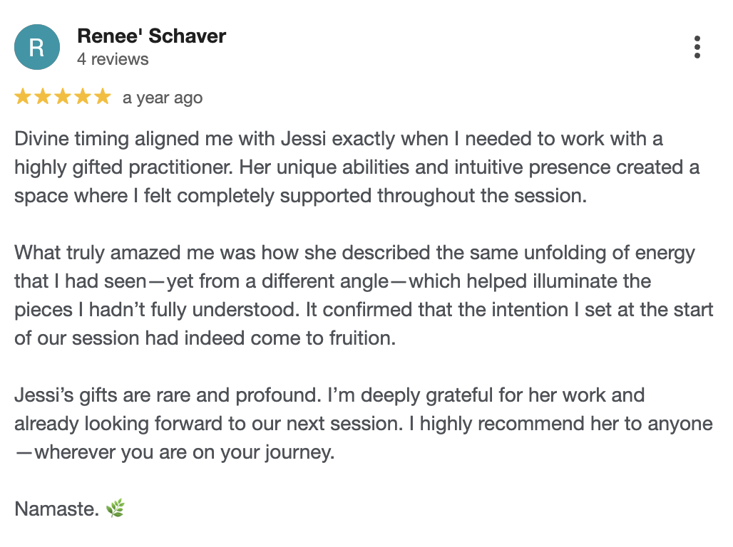 5-star Google review from Renee' Schaver praising Jessi Galvin energy healing and somatic therapy sessions