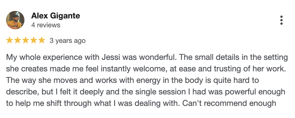 5-star Google review from Alex Gigante praising Jessi Galvin energy healing and somatic therapy sessions