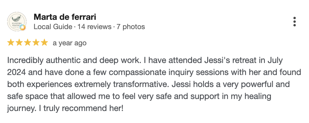 5-star Google review from Marta de ferrari praising Jessi Galvin energy healing and somatic therapy sessions