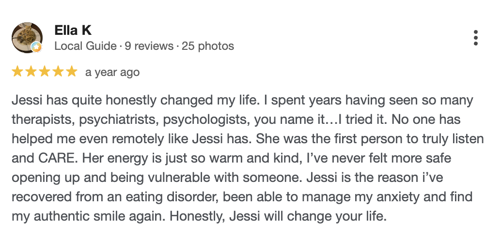 5-star Google review from Ella K praising Jessi Galvin energy healing and somatic therapy sessions