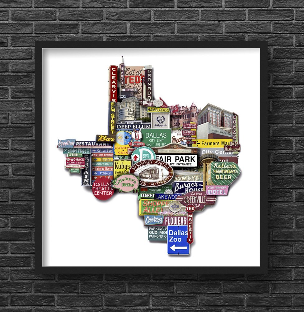 Dallas Texas - Texas Shaped Photomontage Collage Print