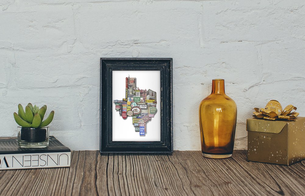 Dallas Texas - Texas Shaped Photomontage Collage Print