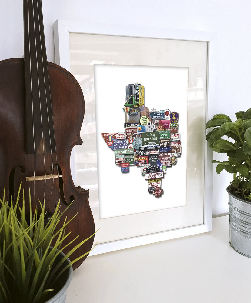 Houston Texas Shaped Photomontage Collage Print