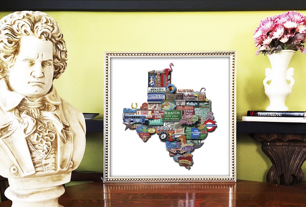 Austin Texas Shaped Photomontage Collage Art Print